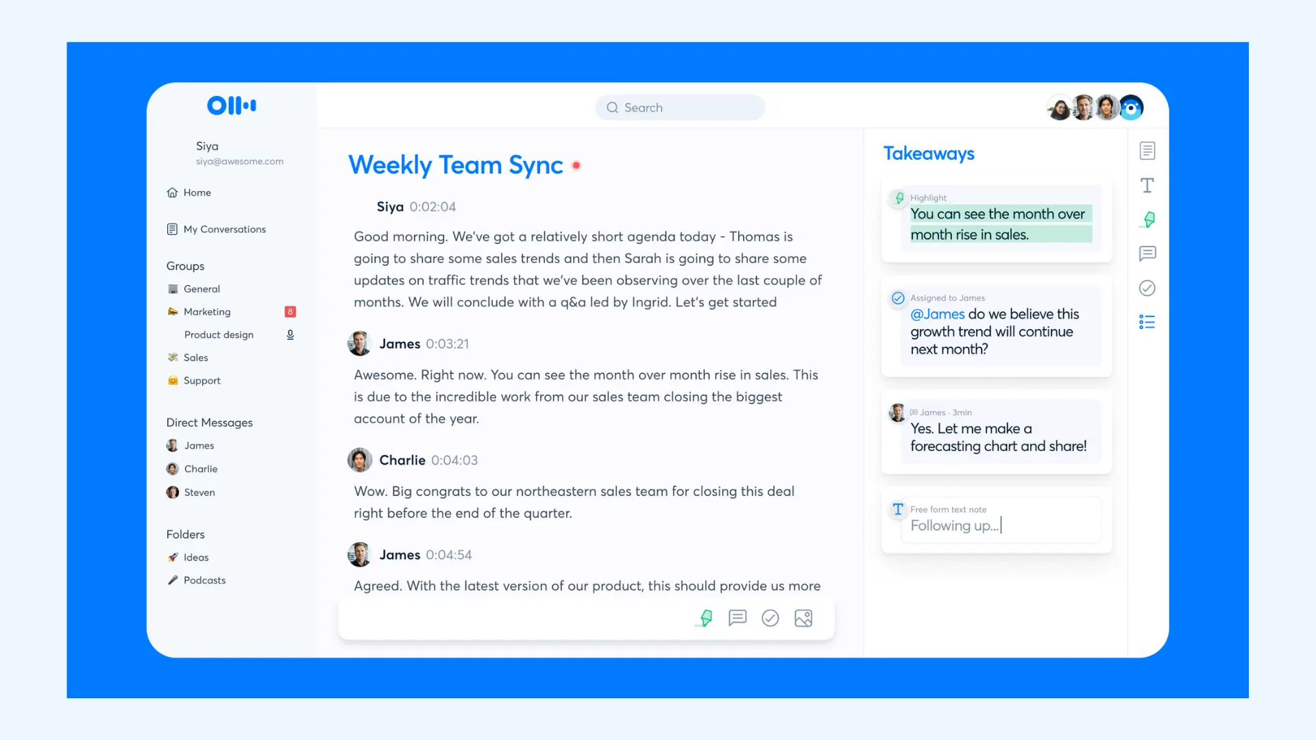 The interface of Otter's voice-to-text app showing the transcript of a weekly meeting.